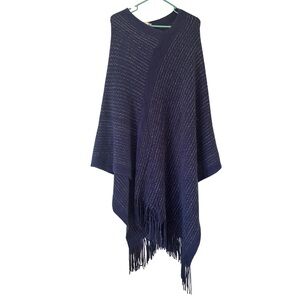 ACE Fashion Fringed Navy & Silver Knit Poncho